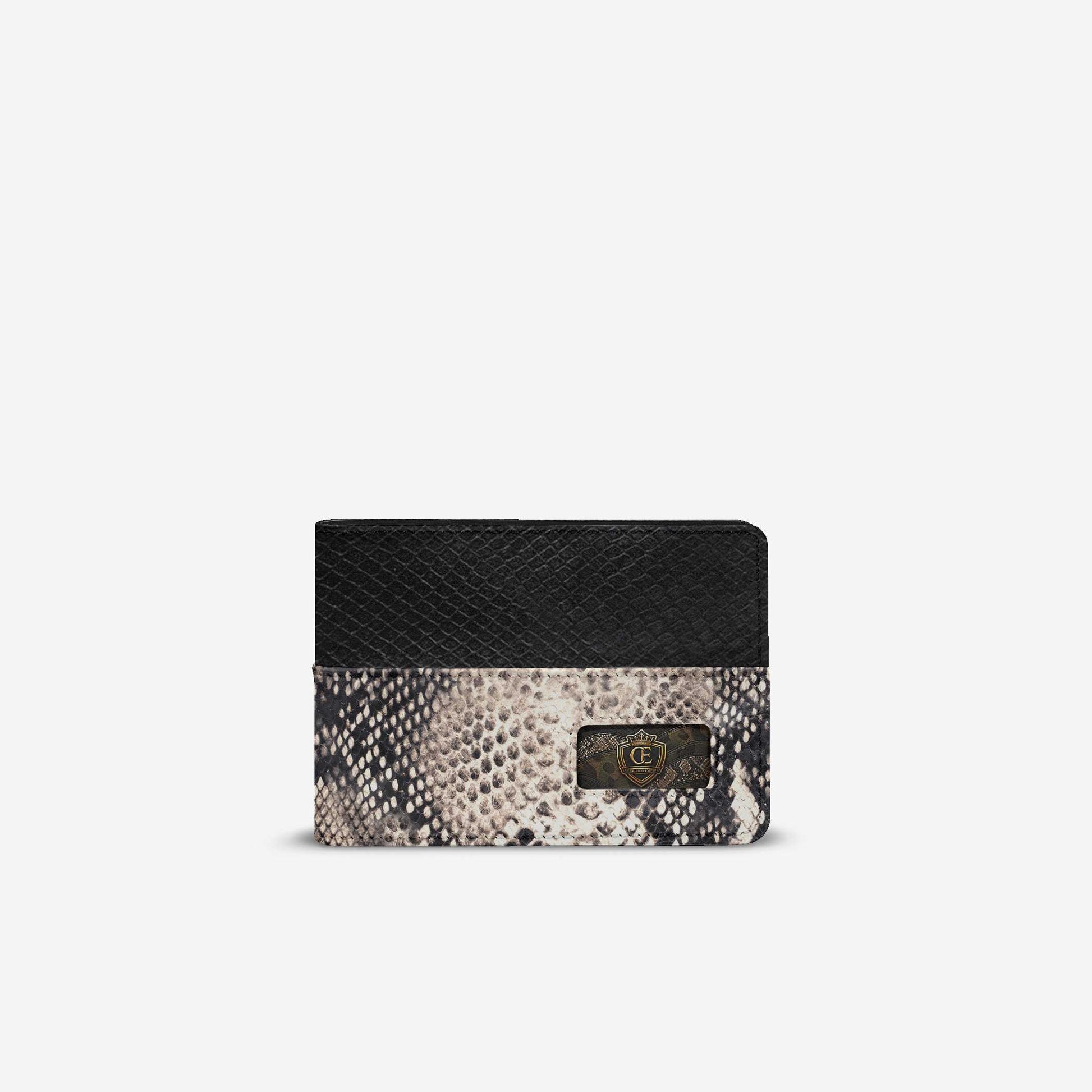 Empire Vault Wallet — front view showing black and white python-style texture with CE logo plate