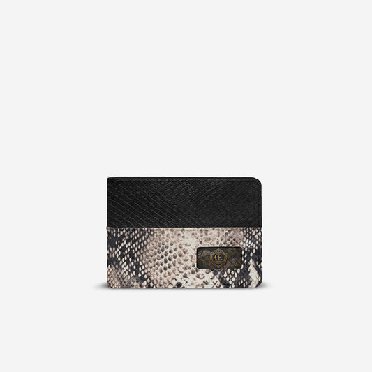 Empire Vault Wallet — front view showing black and white python-style texture with CE logo plate